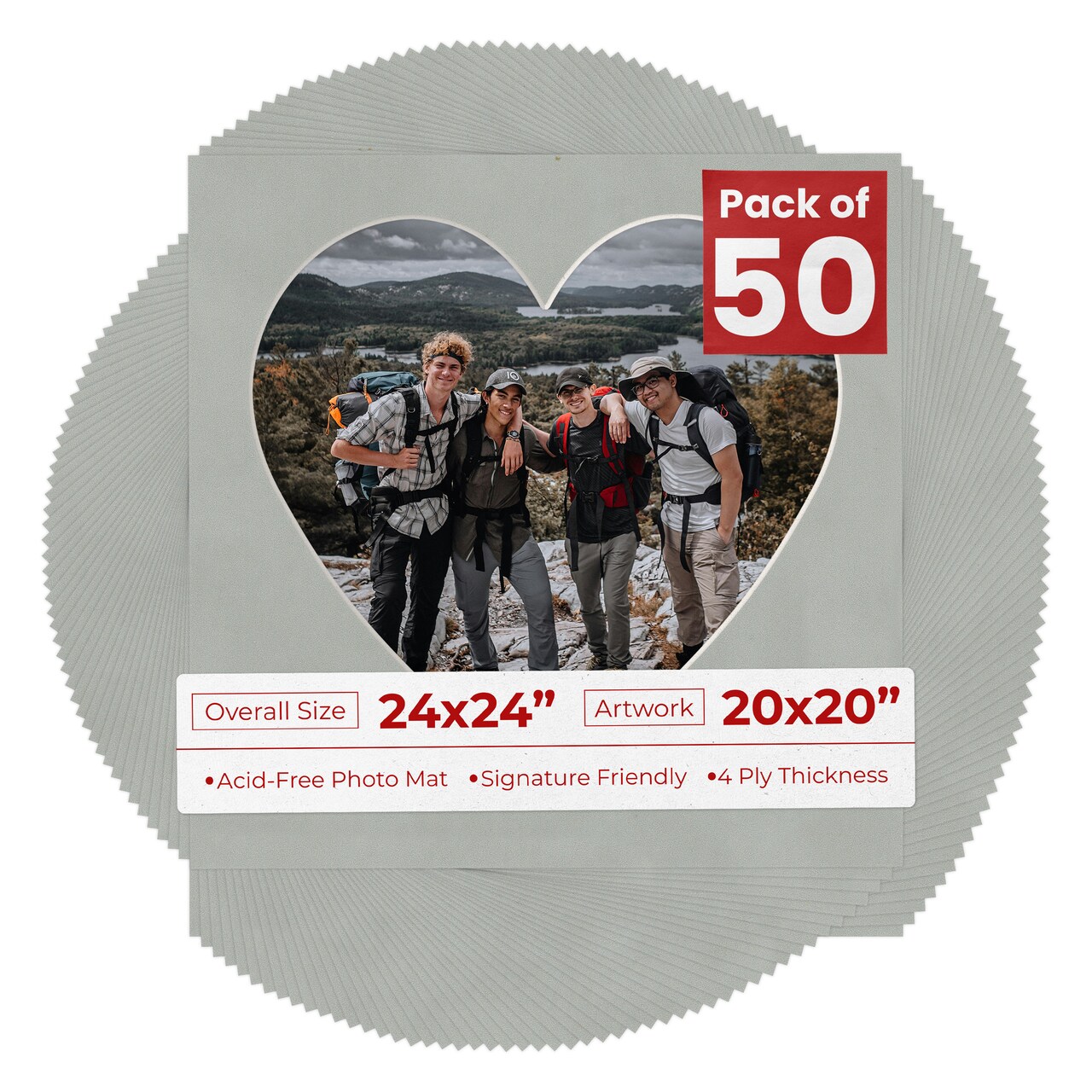 Light Grey Suede Mat Board for 24x24 Frames - Heart Opening for 20x20 Photos